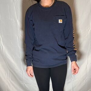 Carhartt Navy Long Sleeve Pocket Tee with Sleeve Graphic
